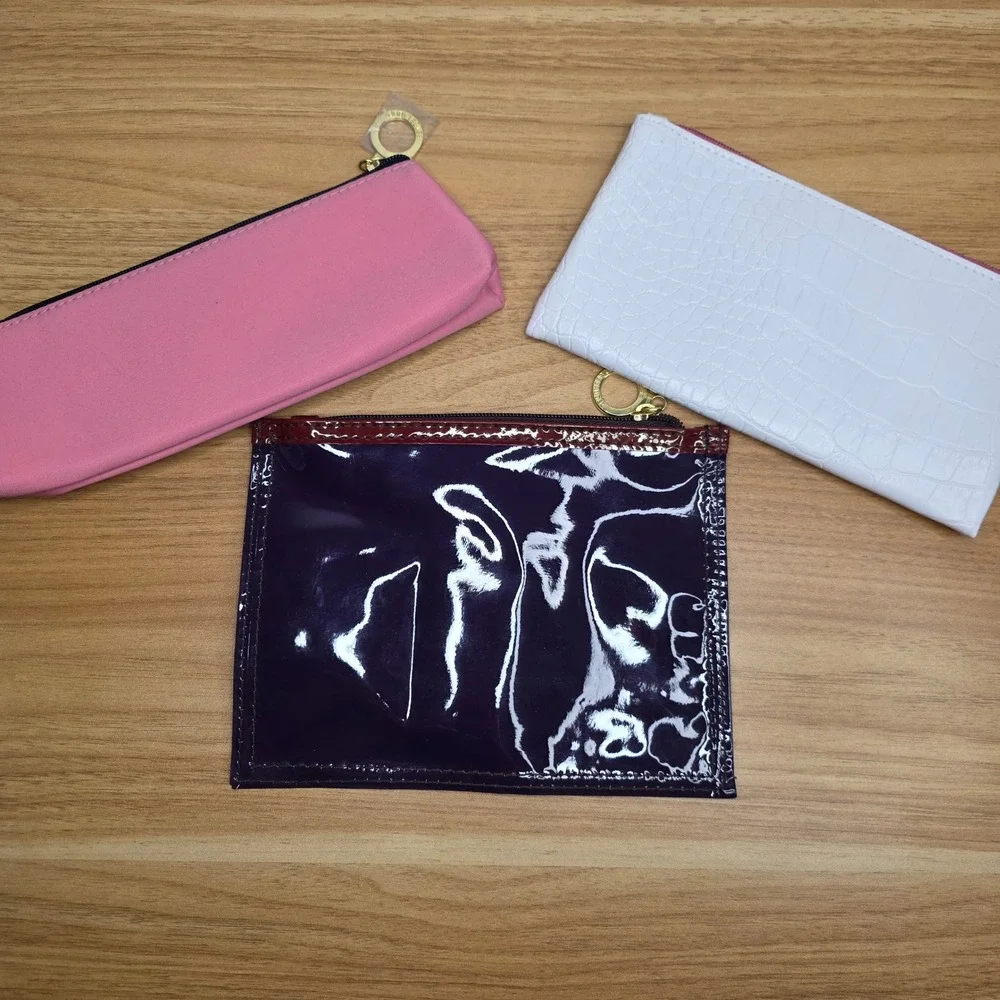 Estee Lauder & Lancome Cosmetic Bag Set Womens Pink White Purple Patent Croc 3pc
